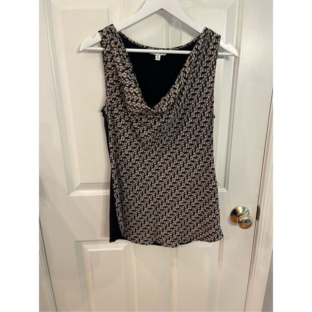 CAbi Black & Tan Drape Neck Cat Lovers Tank Blouse sz M EUC